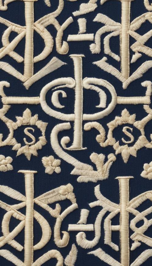 Un motif monogramme preppy avec des initiales de couleur crème finement brodées sur un fond bleu marine.