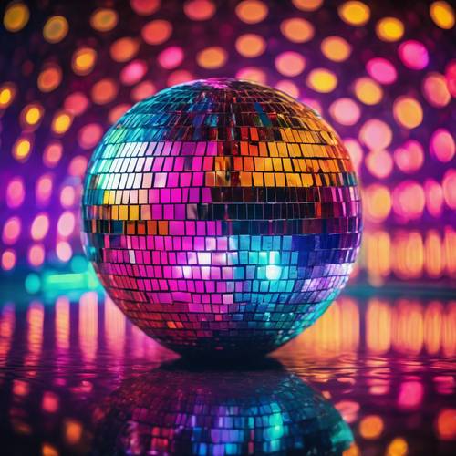 Vibrantly colored 70s disco ball reflecting surrounding patterns. Tapeta [9d0b982611a8498fb6eb]