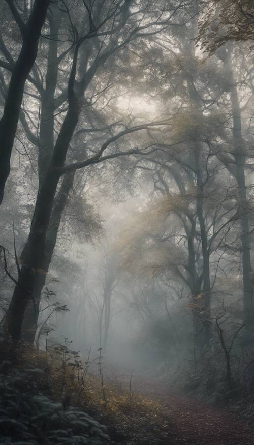 Cichy, spokojny, szary las wczesnym rankiem, z kroplami rosy na liściach i gęstą mgłą przesłaniającą odległe drzewa.