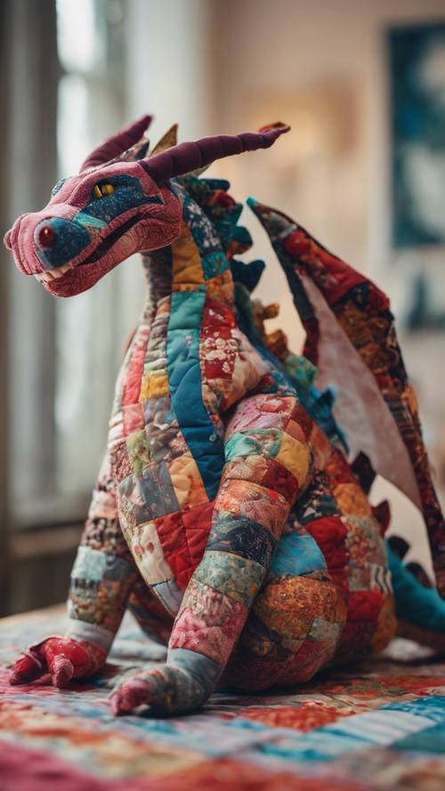 Un dragón de retales cosido con trozos de colcha, colgado en una habitación acogedora.