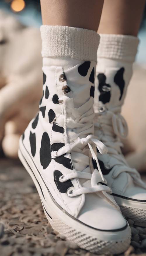 A woman's foot wearing white canvas shoes with cute cow print detailing.