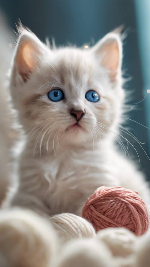 부드러운 크림색 모피와 매혹적인 파란 눈을 갖춘 매력적인 작은 새끼 고양이입니다. 크림색 원사 공을 장난스럽게 치고 있습니다.