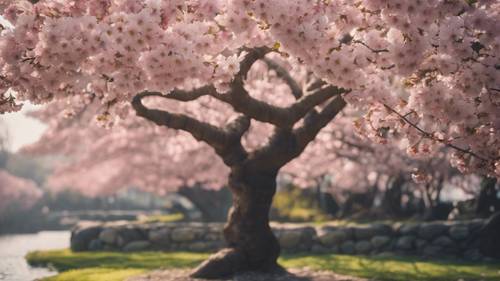 A beautiful cherry blossom tree in full bloom in a Japanese garden.