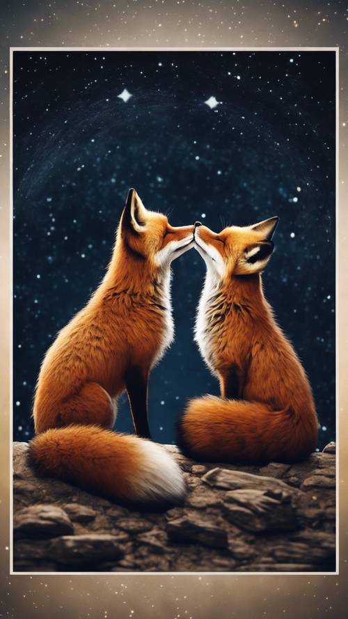 一对狐狸挤在一起，注视着午夜的星星。