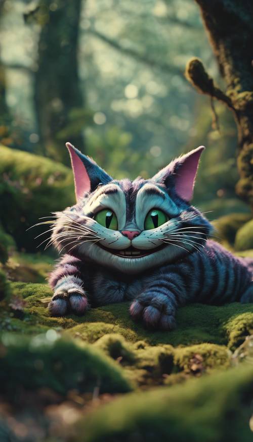 Um close detalhado do Gato Cheshire se transformando em um sorriso no meio da floresta encantada do País das Maravilhas.