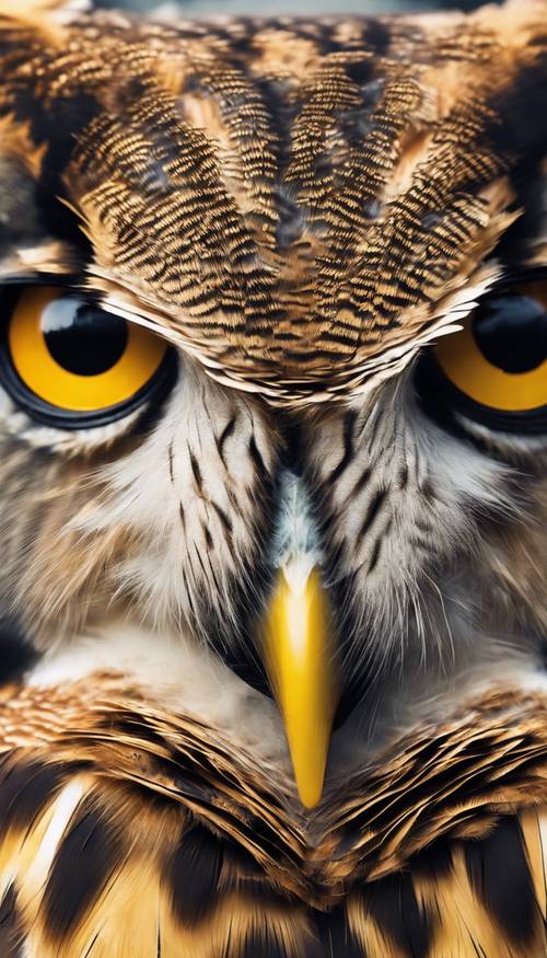 Детальный крупный план лица совы с акцентом на ярко-желтые глаза.