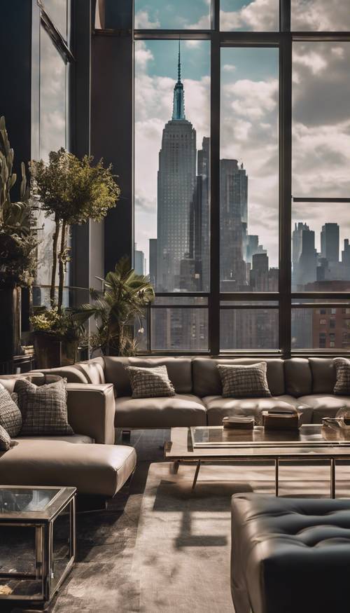 Eine elegante, moderne Lounge auf einem Dach in New York City mit atemberaubender Aussicht auf die Wolkenkratzer und belebten Straßen unter ihnen.