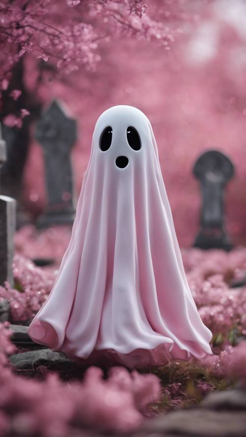 A happy little ghost character draped in pink, flying through a haunted graveyard.