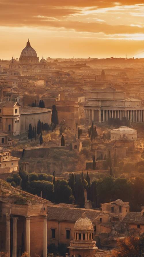 Cakrawala mistik Roma kuno, dihiasi dengan monumen kolosal di bawah sinar matahari terbenam yang oranye.