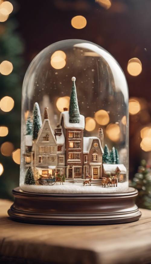 An enchanting snow globe featuring a vintage Christmas village scene, complete with a main street, carol singers, and horse-drawn carriages. Wallpaper [2f25ea3f650846cc9d67]