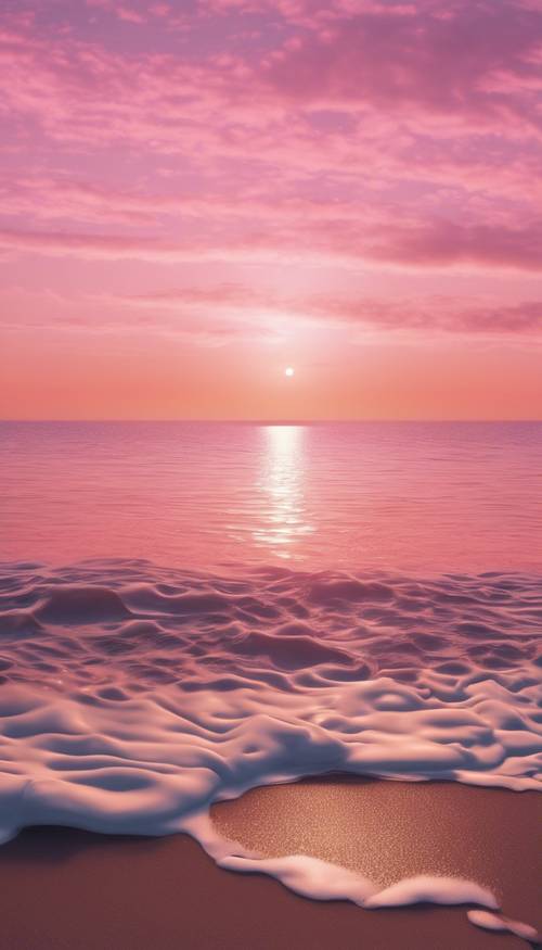 Matahari terbenam berwarna merah muda yang tenang di atas laut yang tenang dan tenang.