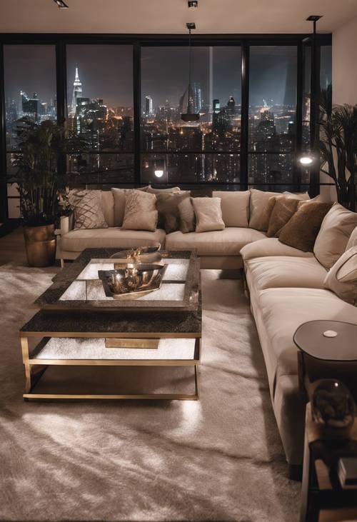 A stylish penthouse apartment overlooking the glittering cityscape at night.