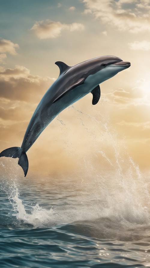 一只紧张的海豚为了逃避大白鲨的追捕，在空中飞翔。