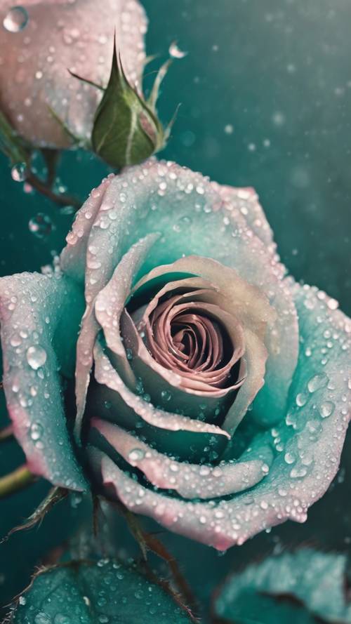 A closeup of a teal colored rose covered with morning dew.