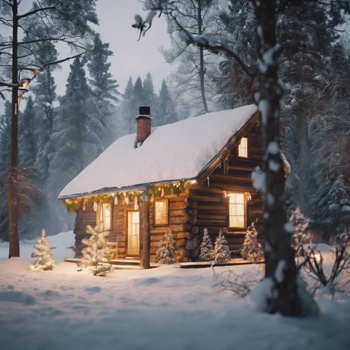 A countryside cabin covered in snow, smoke wafting from the chimney, and inside, a family decorating a Christmas tree.