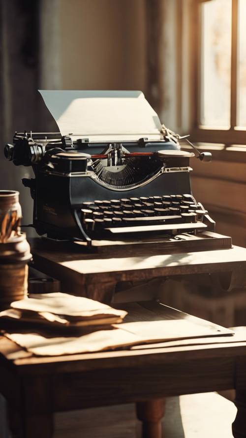 Stara maszyna do pisania na drewnianym biurku przy oknie, do którego wpada światło słoneczne. Tapeta [ce9be52f1dee4cdda6f3]