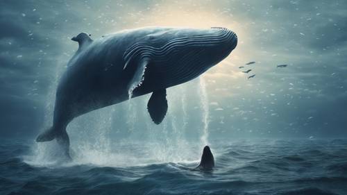 Una ilustración mística de una ballena fantasma que guía a las almas en el mar.