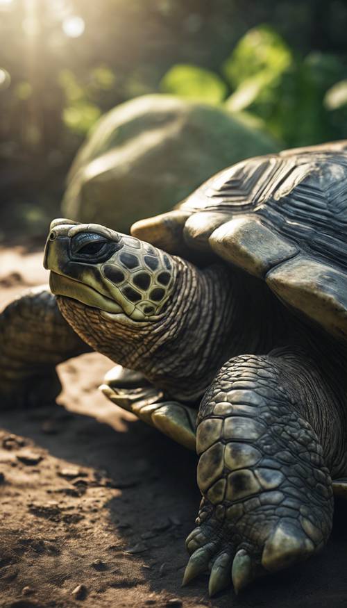 Uma tartaruga gigante com casco verde escuro e fortemente texturizado, aproveitando a luz do sol.