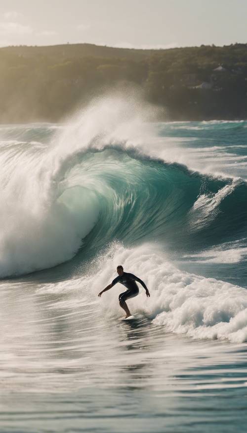 Un surfista professionista che cavalca un&#39;onda gigantesca durante una giornata di sole in una spiaggia popolare.