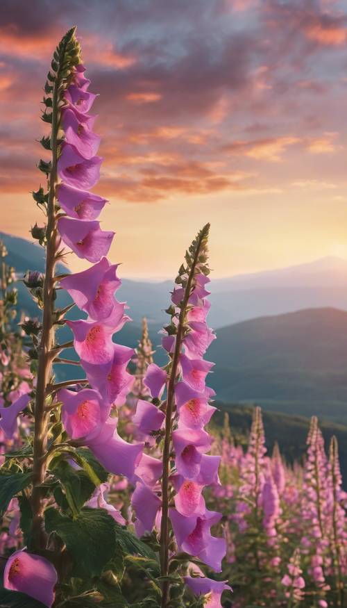 A scenery of foxglove flowers with a mountain range in the backdrop at sunset.