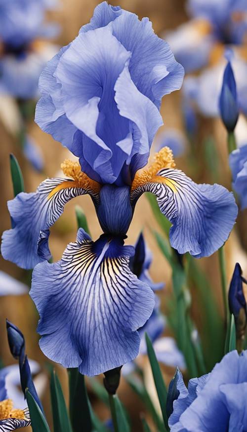 带有金色花心的美丽蓝色鸢尾花的特写图像。