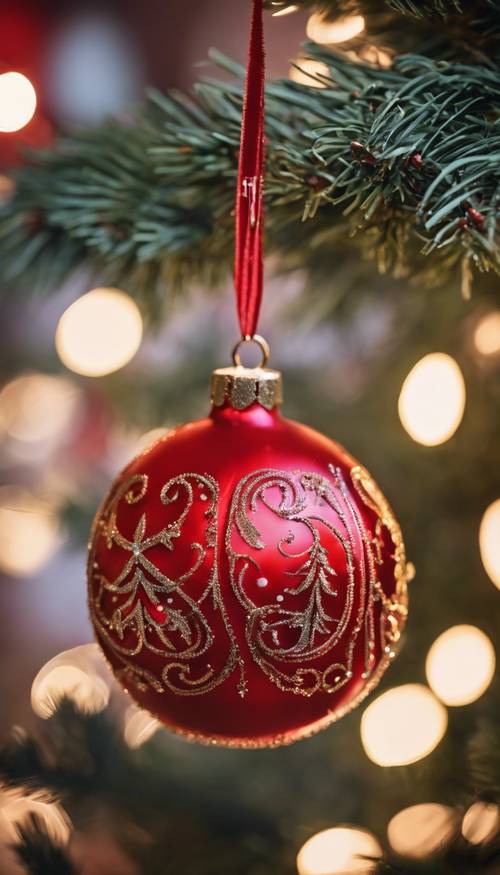 Uma vibrante bugiganga de Natal vermelha pendurada em uma árvore de Natal densamente decorada.