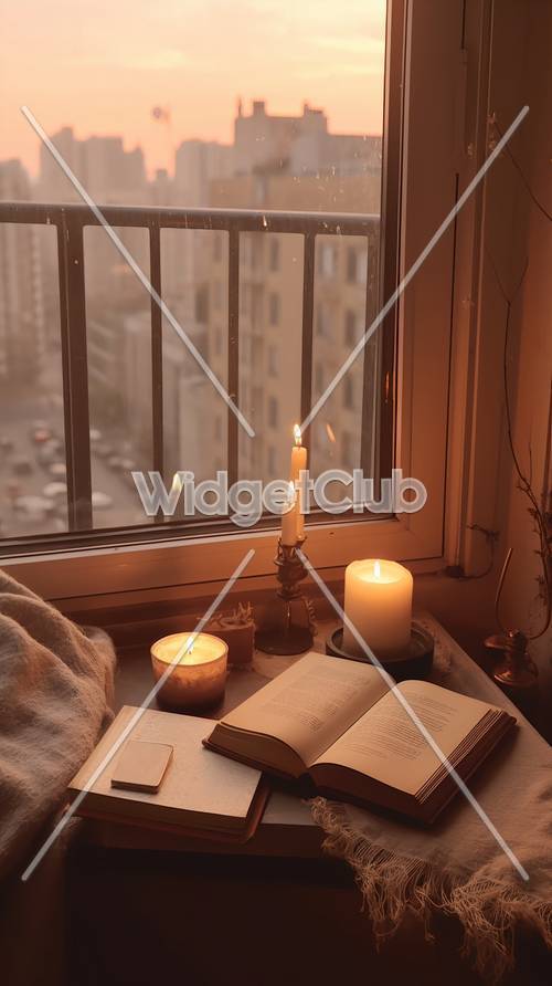 舒適的夜晚場景與書籍和蠟燭