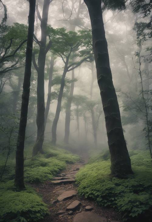 Une forêt japonaise mystique assombrie par le brouillard matinal.