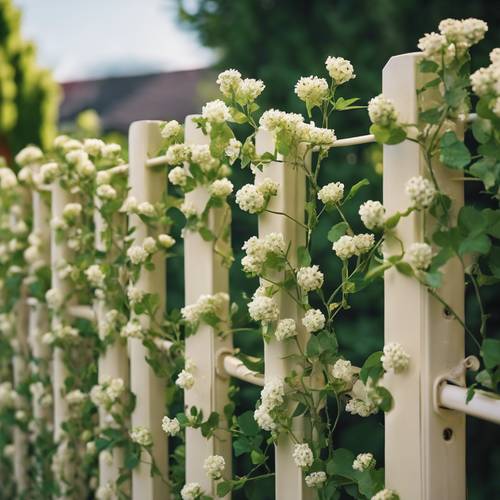 A fence threaded with alternating cream flowers and vibrant green leaves in a suburban backyard.