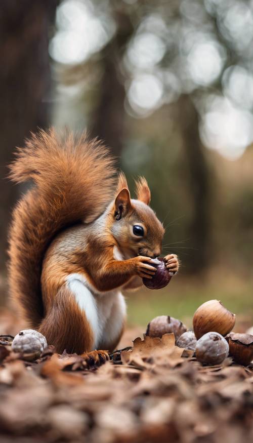 Ein flauschiges hellbraunes Eichhörnchen, das an einer Eichel knabbert.