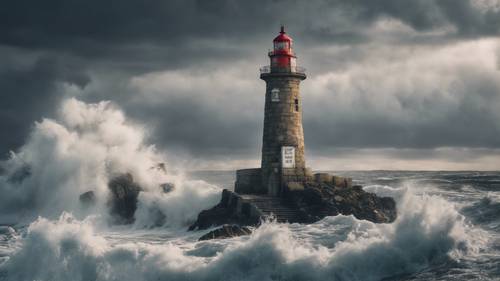 A lighthouse standing tall amidst a stormy sea, with 'I overcome all obstacles' etched onto the stone. Tapeta [273dbde5e8734f498449]