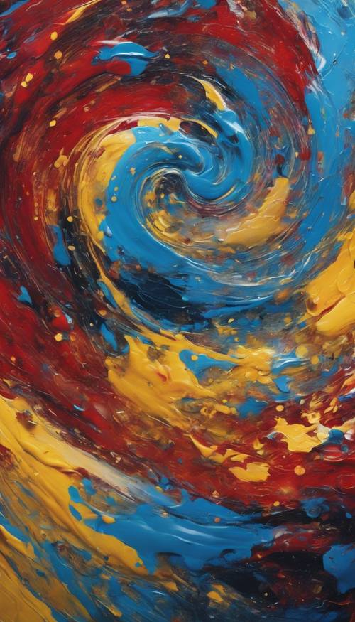 A beautiful abstract painting with vibrant blues, reds, and yellows swirling together.