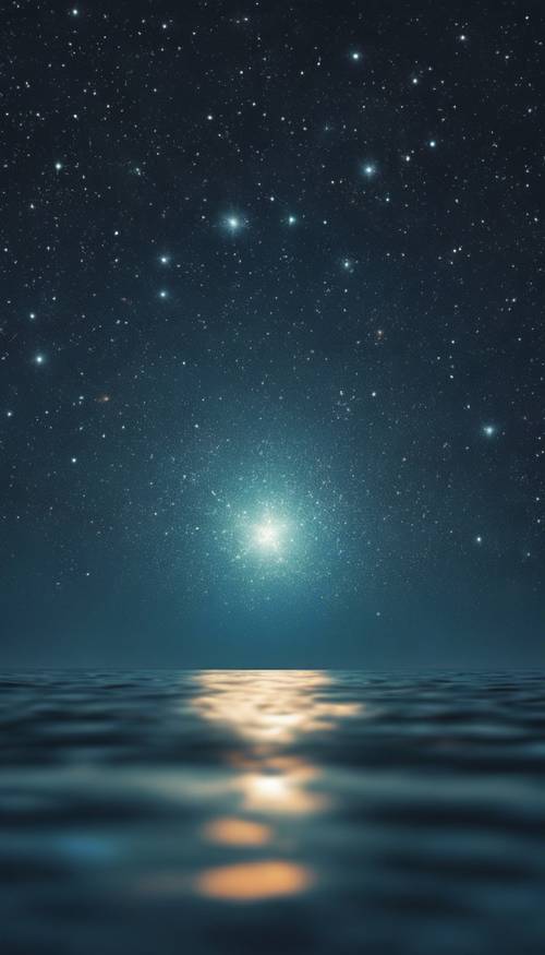Una stella azzurra riflessa sulla superficie calma di un oceano di notte.