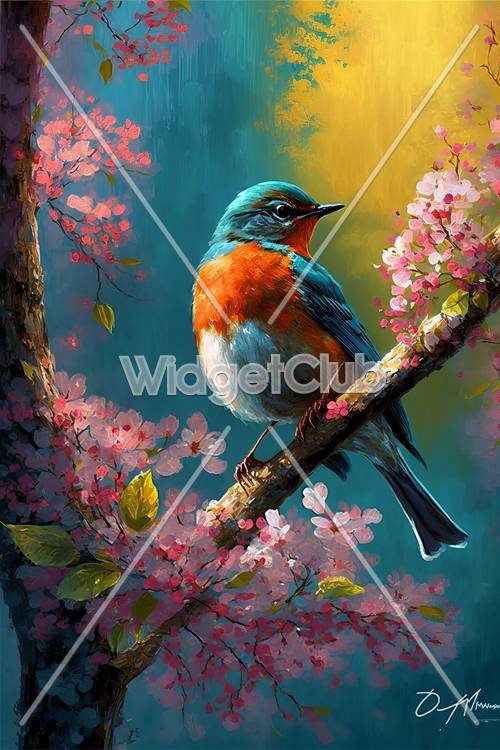 Arte colorida de pássaros e flores de cerejeira