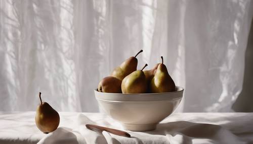 A still-life painting of a bowl of ripe brown pears on a white tablecloth