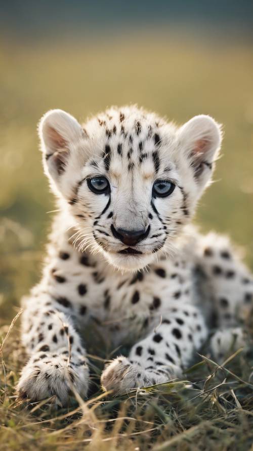 Seekor anak cheetah putih muda yang lucu berguling-guling di padang rumput.