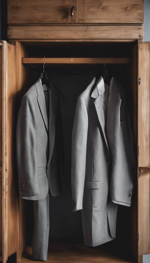 A crisp cool gray linen suit hanging in a vintage wooden wardrobe.