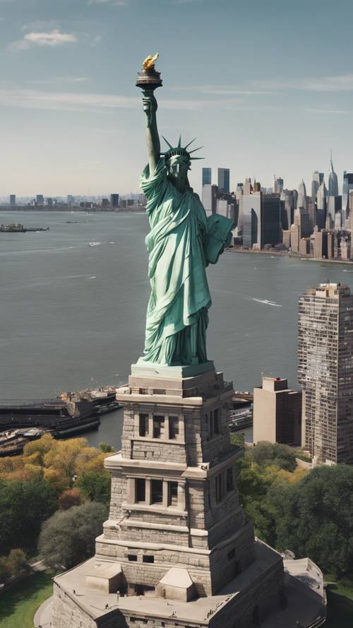 Luftaufnahme der Freiheitsstatue mit der geschäftigen New Yorker Skyline im Hintergrund.