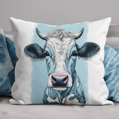 A bohemian-style pillow with a hand-drawn baby blue and white cow print.