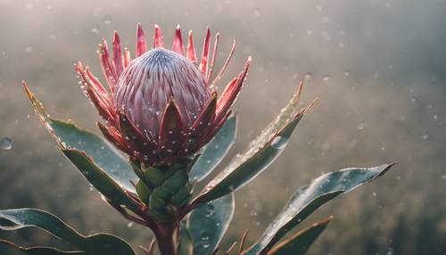 A protea flower in misty highland, with dewdrops on the petals.