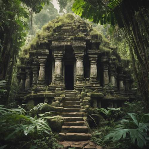 Un vieux temple de pierre envahi par la végétation, caché au milieu de la jungle tropicale.