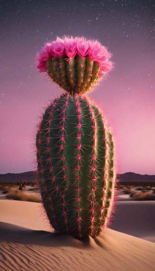 A large, bulbous pink cactus in bloom atop a sandy dune under a clear starlit sky.