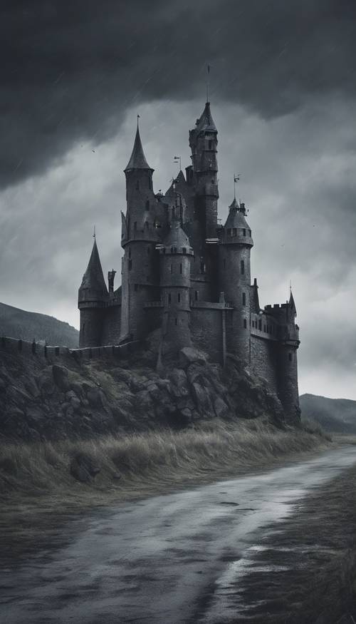 Một lâu đài đen đáng ngại, nổi bật trên khung cảnh xám xịt như bão.