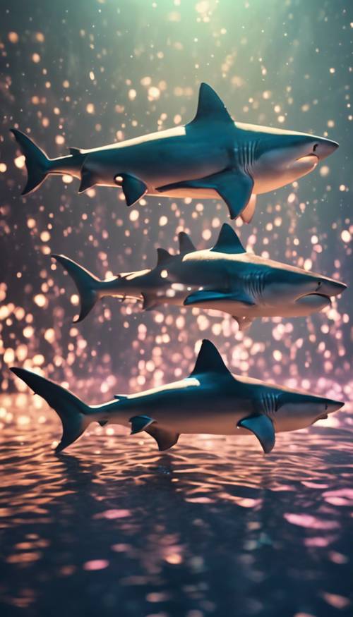 Quatro tubarões bioluminescentes estéticos brilhantes iluminando águas escuras.