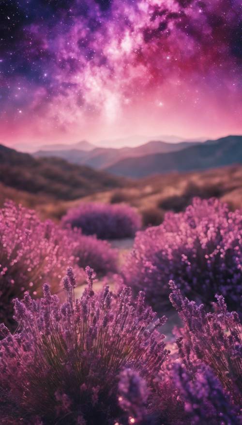 A starburst of lavender and rose colors in a cosmic landscape suggesting a pink and purple galaxy.