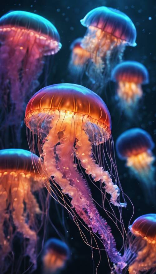 Several luminous jellyfish, glowing in various colors, in the eerie depth of the ocean.