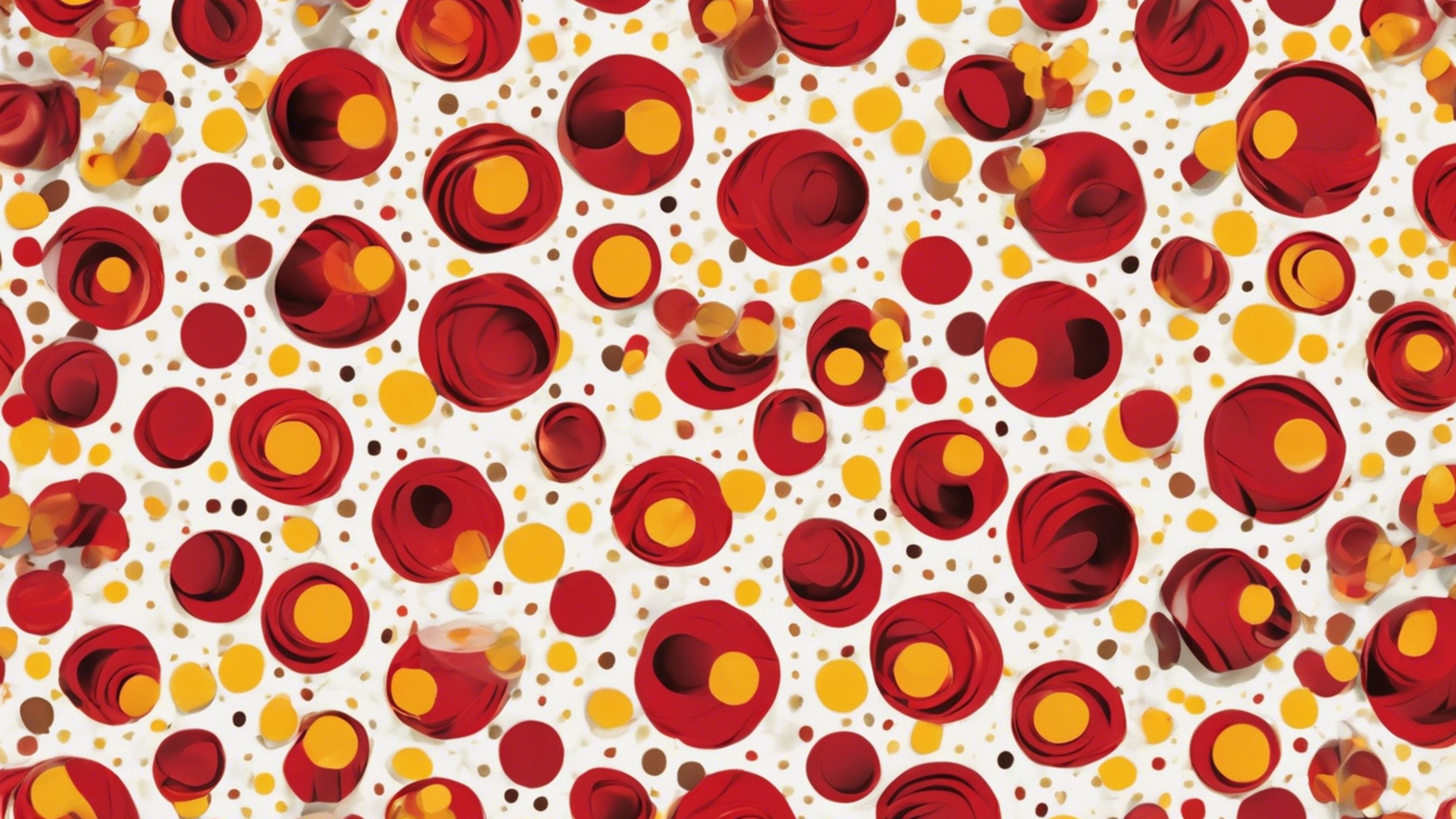 Bold red and yellow polka dots twisted in a seamless whirling pattern.壁紙[0fc99596d75a46c3b08a]