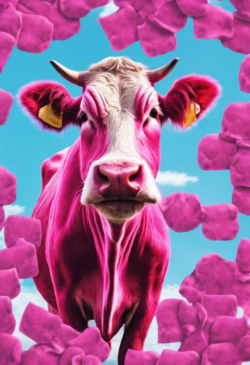 Cartoonish yet appealing hot pink cow prints, scattered over a sky-blue canvas.