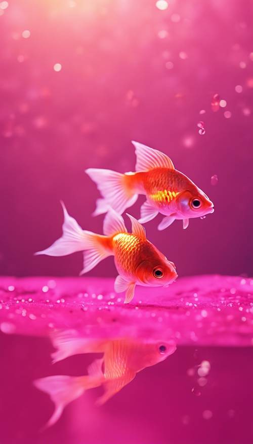 Fantastik, parlak pembe bir yıldızın etrafında yüzen iki küçük Japon balığı.