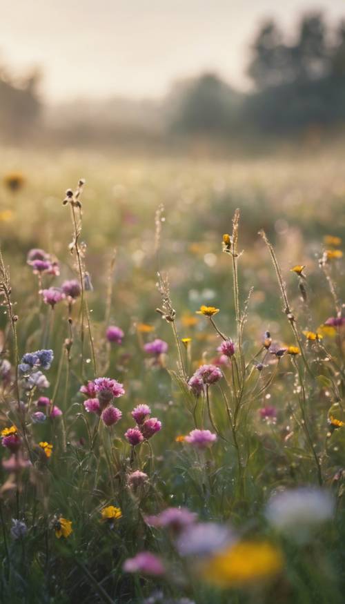 A dewy English meadow in the early morning, rich with colorful wildflower blooms amid a soft mist.